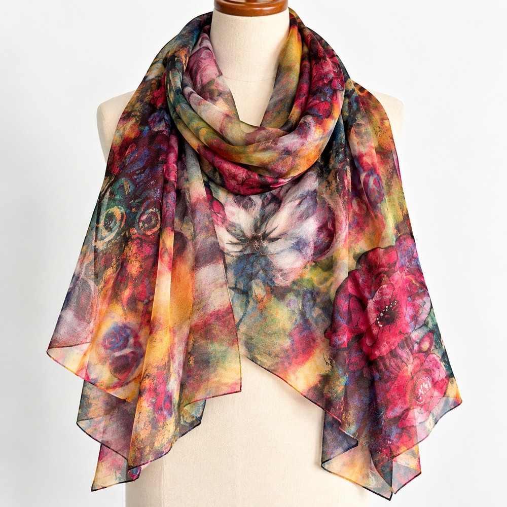 Vintage 90's Italian Silk Scarf Wrap 70x27 Abstract Watercolor Floral Peacock
